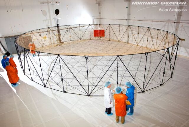 Northrop Grumman's mesh-like satellite antenna, similar to but smaller than the reflector on the ViaSat-3 Americas spacecraft.