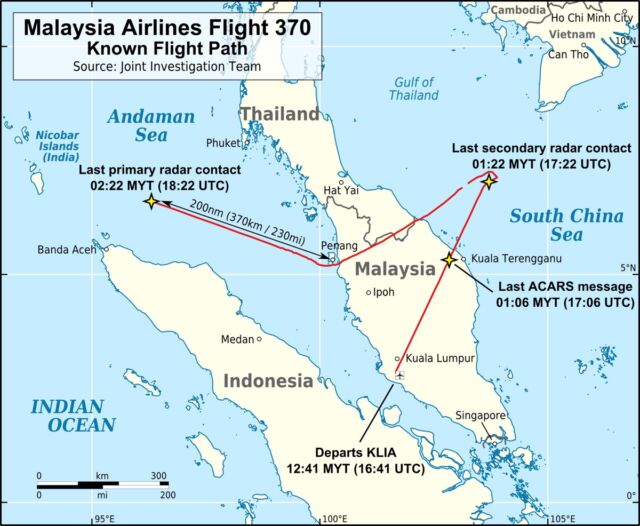 Known flight path taken by Flight 370 (red), derived from primary (military) and secondary (ATC) radar data.