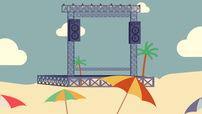 a cartoon beach scene with a stage set up on the sand