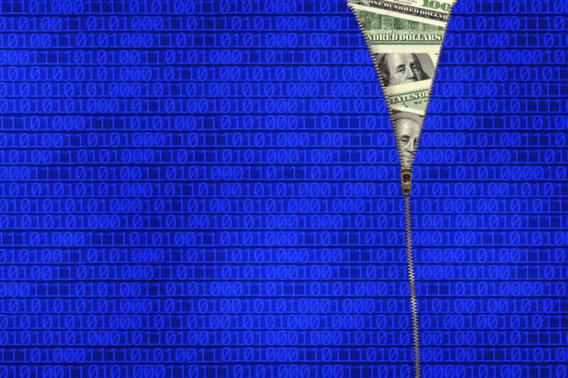 Illustration of US paper currency and binary data to represent Internet connectivity.