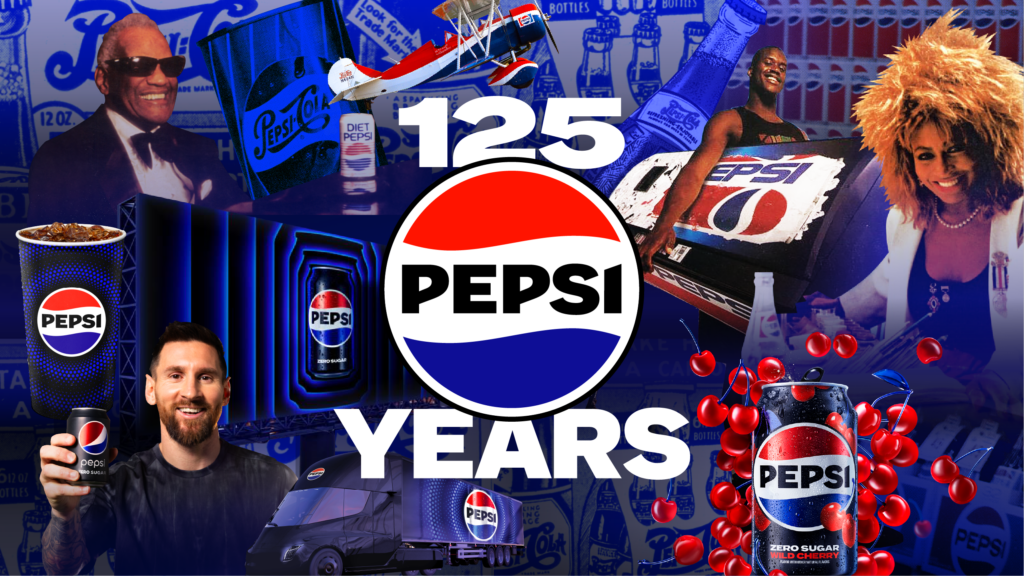 a collage of pepsi cans and logos through the years with celebrity endorsers Tina Turner and Lionel Messi