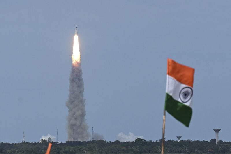 An LVM-3 rocket carrying the Chandrayaan-3 spacecraft lifts off from the Satish Dhawan Space Centre in Sriharikota, India, on Friday.