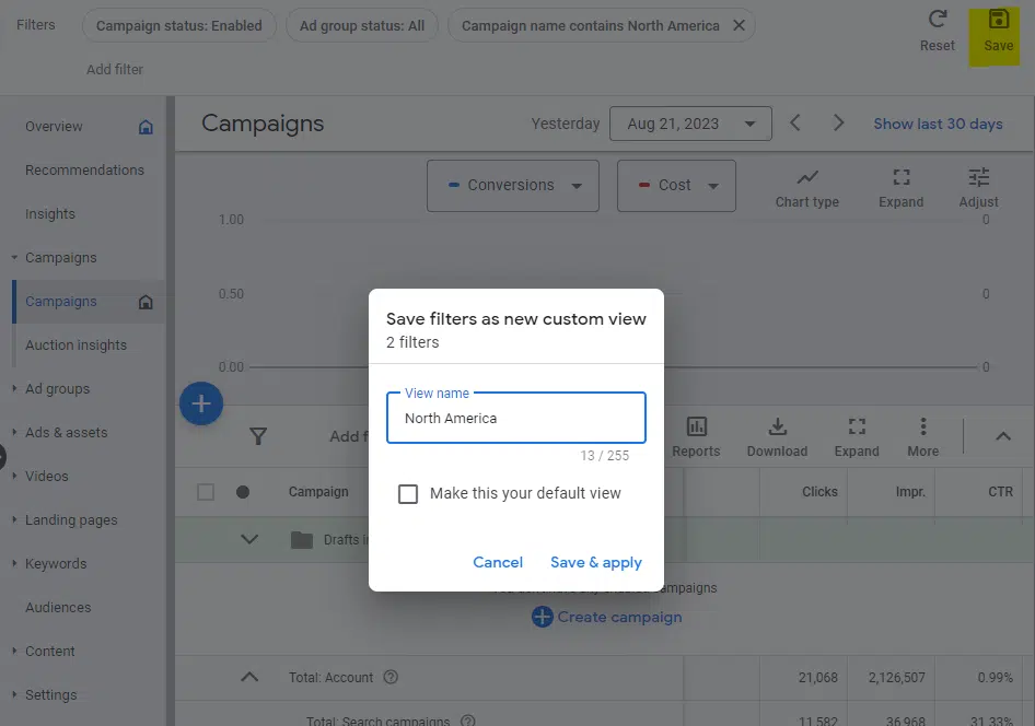 Google Ads - Save filters as custom view