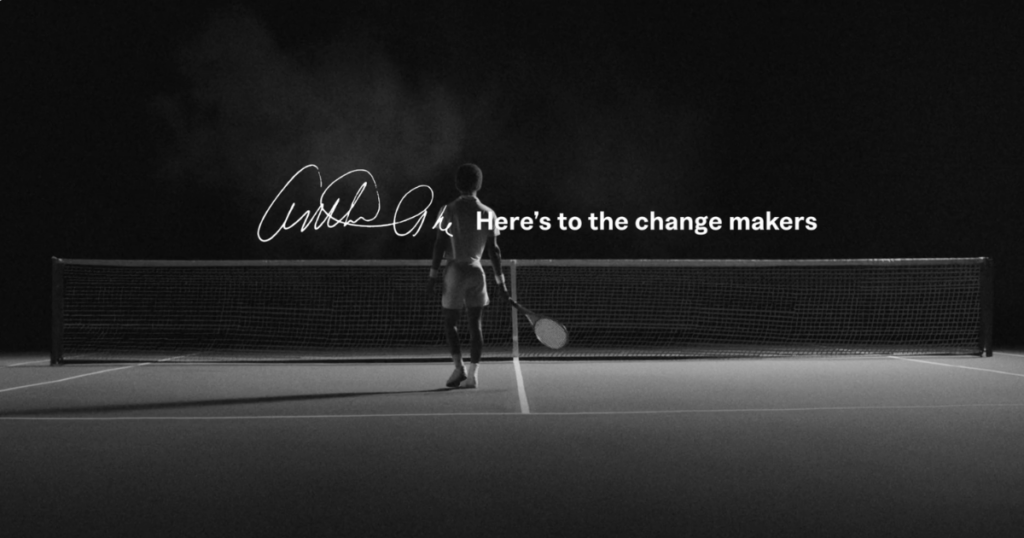 Tennis legend Arthur Ashe's signature in a Moderna "Here's to the change makers" ad