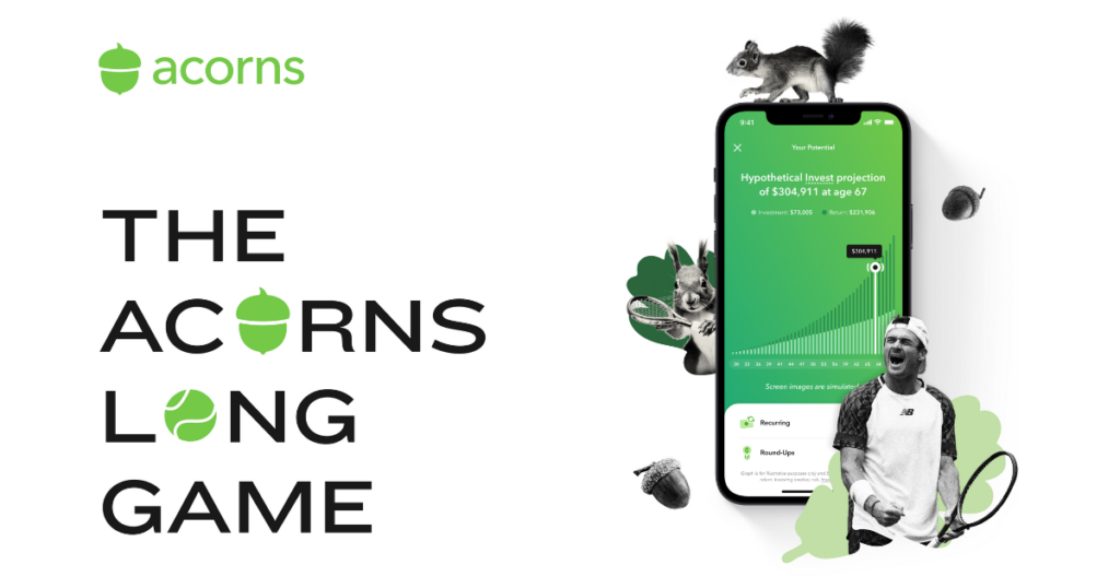 An ad for Acorns' Long Game campaign featuring an illustration of a smartphone and tennis player Tommy Paul