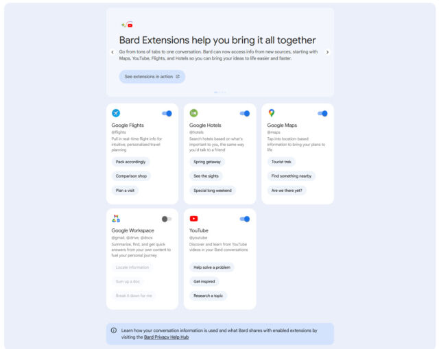 A screenshot of switches that turn on and off certain Bard app extensions.