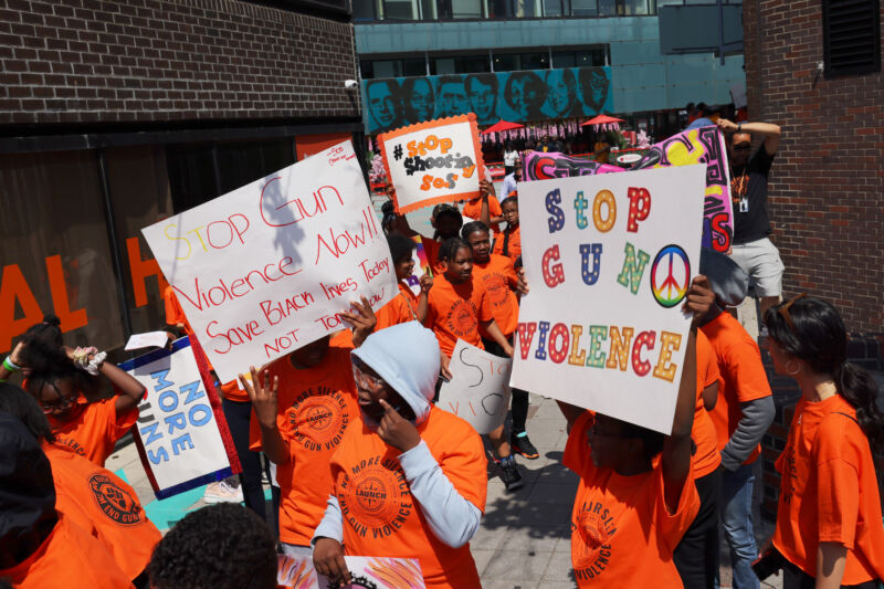 Students from Launch Charter School gather for a rally for National Gun Violence Awareness Day at Restoration Plaza on June 2, 2023, in the Crown Heights neighborhood of Brooklyn borough in New York City. 