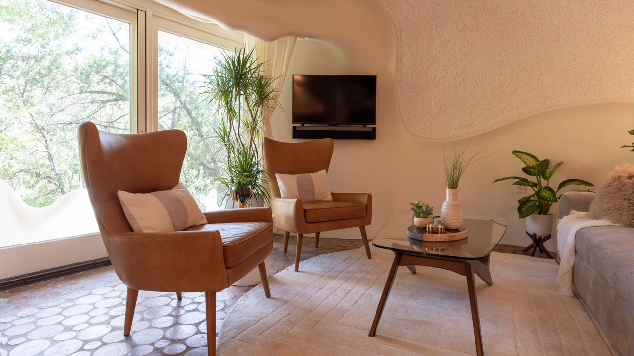 A living room space with two tan mid-century modern leather sitting chairs, a glass coffee table, comfy couch, TV, and several small plants.