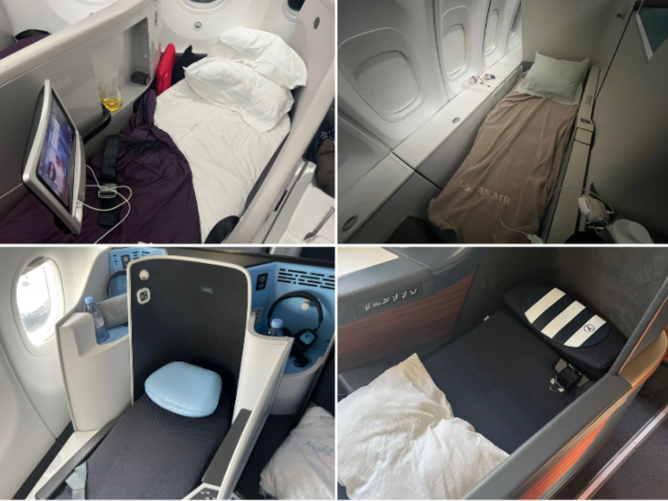 A collage of narrow business-class lie-flat beds.