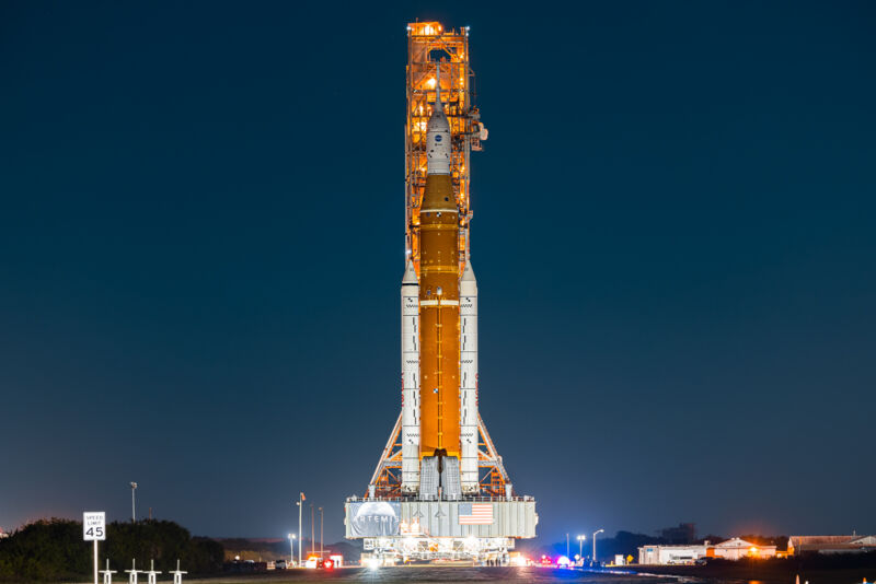 The Space Launch System rocket is seen rolling toward its launch pad, LC-39B, in Florida.