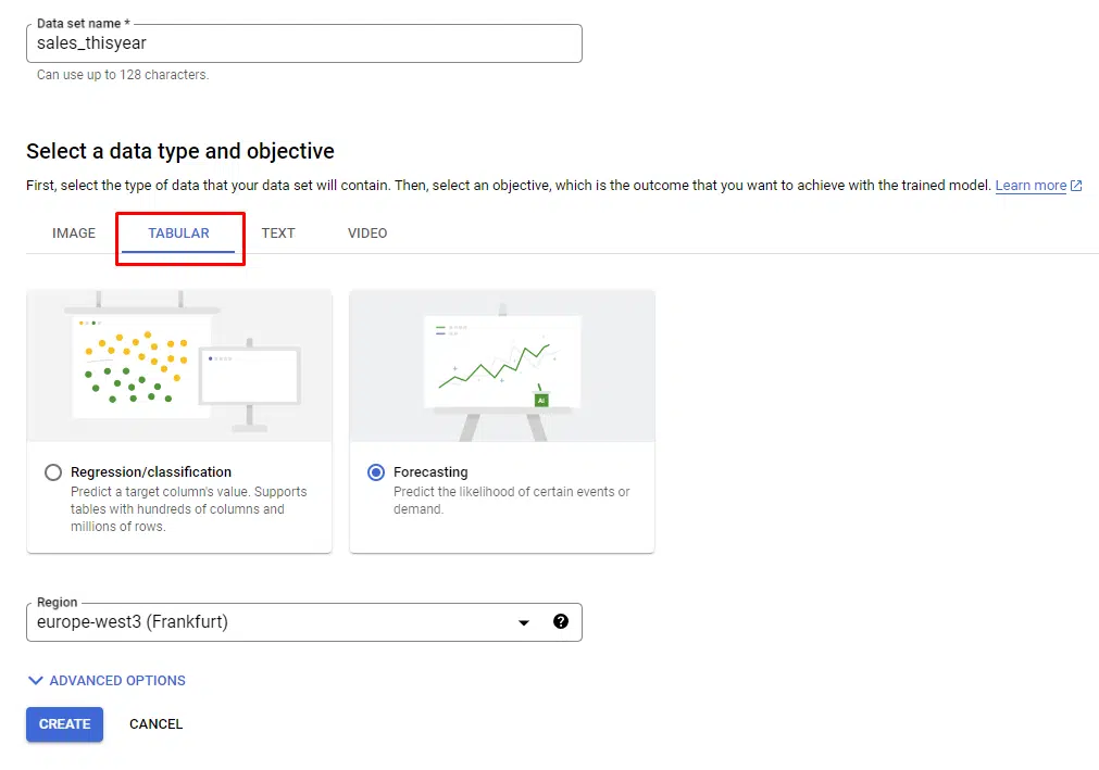 Google Cloud - Vertex AI data set options