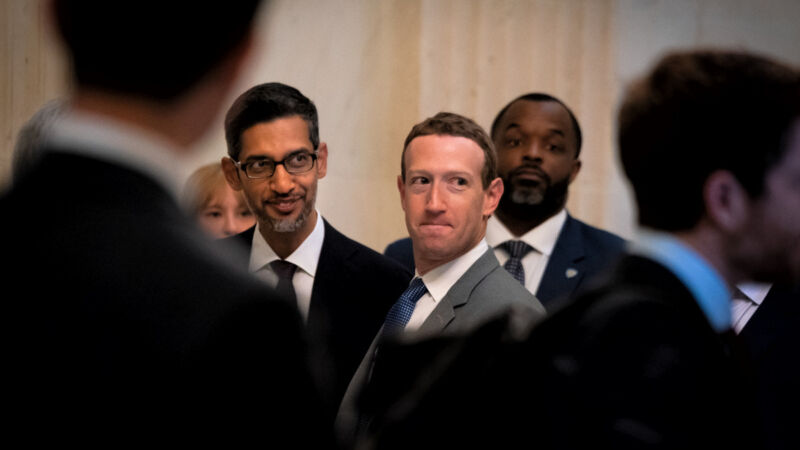 WASHINGTON, DC - SEPTEMBER 13: Google CEO Sundar Pichai and Meta CEO Mark Zuckerberg arrive to the Senate bipartisan Artificial Intelligence (AI) Insight Forum on Capitol Hill in Washington, DC, on September 13, 2023. (Photo by Elizabeth Frantz for The Washington Post)