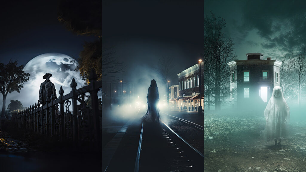 three images of creepy figures in nighttime scenes