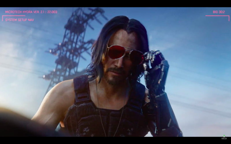 Keanu Reeves as Johnny Silverhand in <em>Cyberpunk 2077</em>.”><figcaption class=