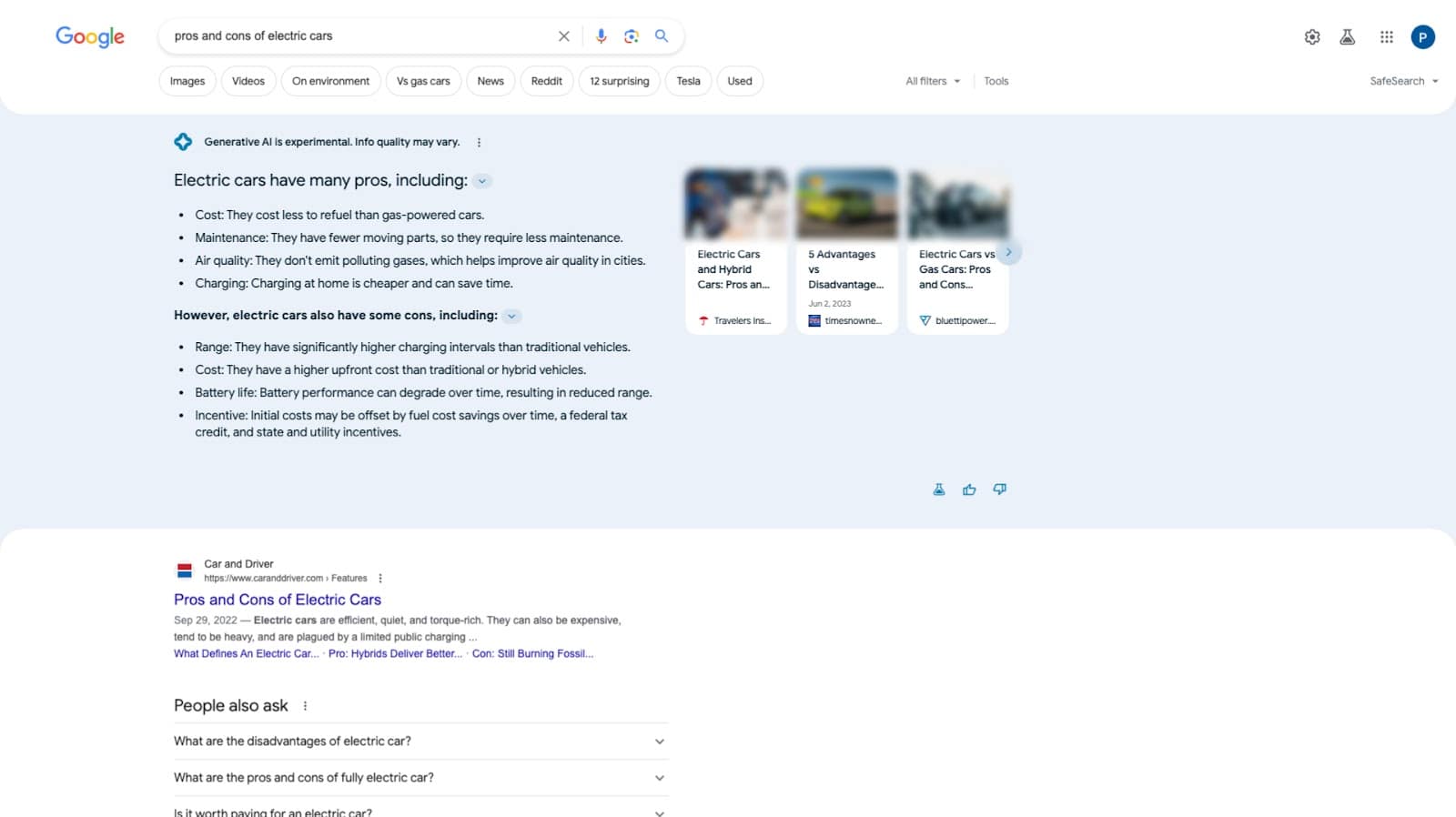 A screenshot of a SERP for the query "pros and cons of electric cars". The SGE response is formatted differently and both pros and cons are immediately visible.