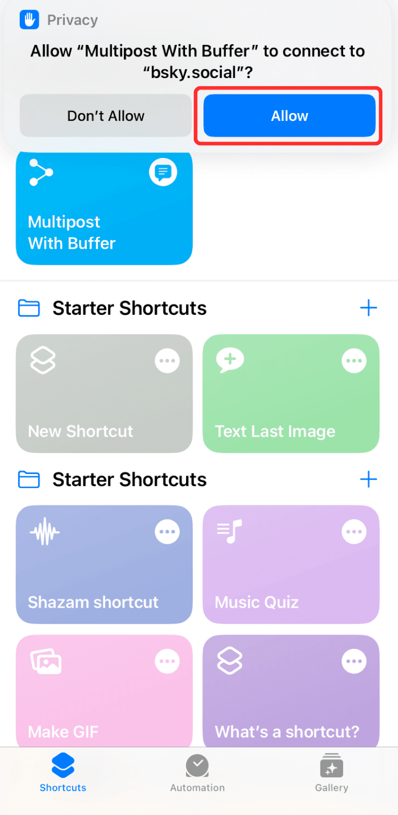 A screenshot showing how to schedule to Bluesky using Apple's shortcuts and Buffer