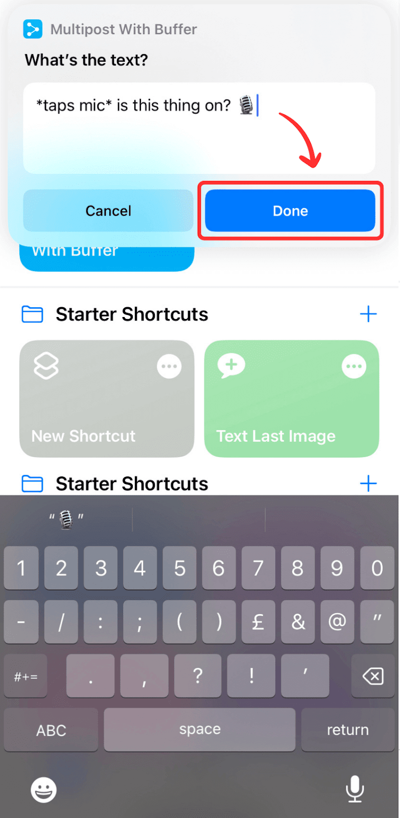 A screenshot showing how to schedule to Bluesky using Apple's shortcuts and Buffer