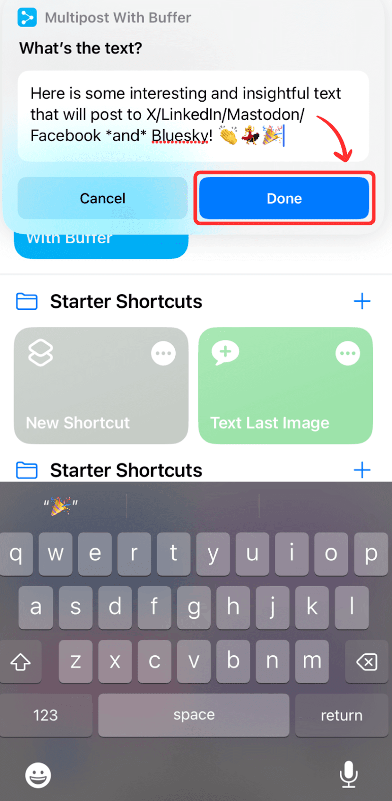 A screenshot showing how to schedule to Bluesky using Apple's shortcuts and Buffer