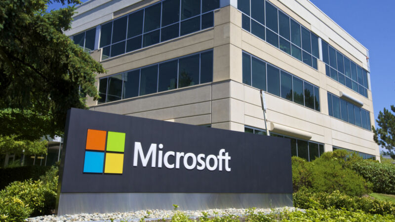 A building on the Microsoft Headquarters campus is pictured July 17, 2014 in Redmond, Washington.