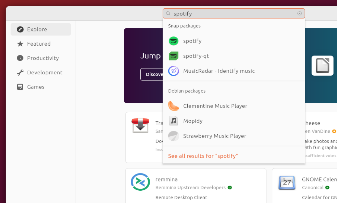 Ubuntu's App Center (or sometimes Snap Store), now showing you results at a rapid clip instead of a hungover crawl.