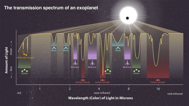 When a planet is in front of its star, some of the starlight is absorbed by molecules in the planet’s atmosphere. A telescope trained on the star observes the light that is not absorbed; this creates a spectrum with dips where the light is missing. Above, each dip is the signature of a particular molecule in the spectrum of a hypothetical Earth-like exoplanet.