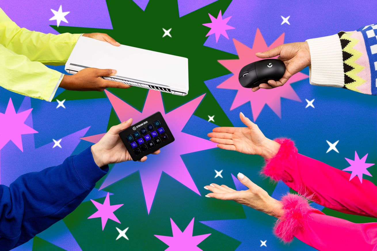 Photo illustration of hands holding various products against a brightly colored graphic background of stars.