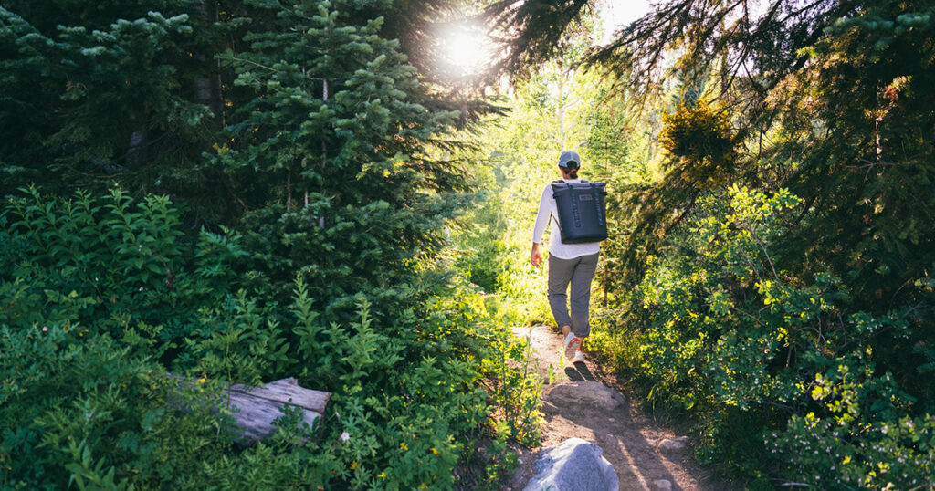 a woman with a yeti backpack walking into the forest