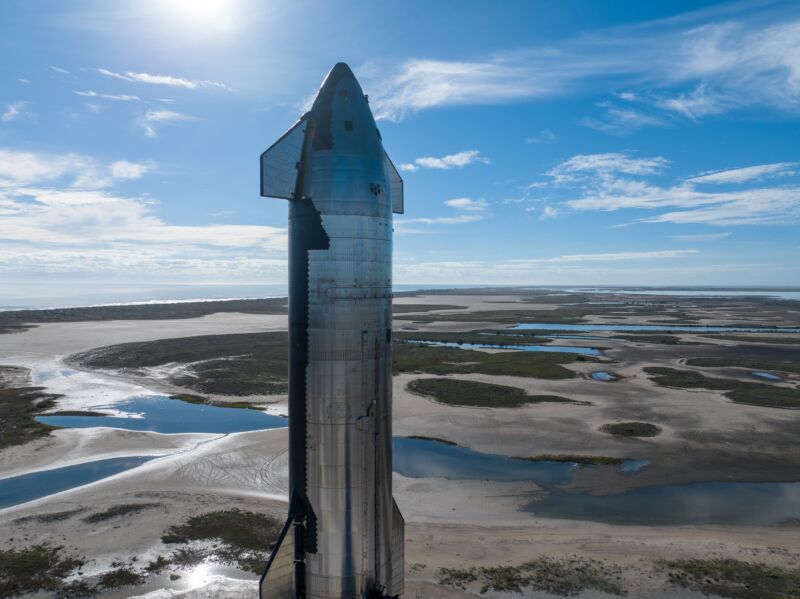 Ship 28 is seen after being moved to SpaceX's launch site in South Texas.