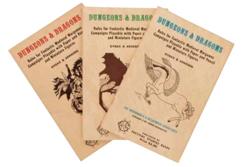 The three rulebooks fo "fantastic medieval wargames" that started it all, released at some point in late January 1974, as seen in <a href="https://bookshop.org/p/books/dungeons-dragons-art-arcana-a-visual-history-sam-witwer/7280339"><em>Dungeons & Dragons Art & Arcana: A Visual History</em></a>.”><figcaption class=