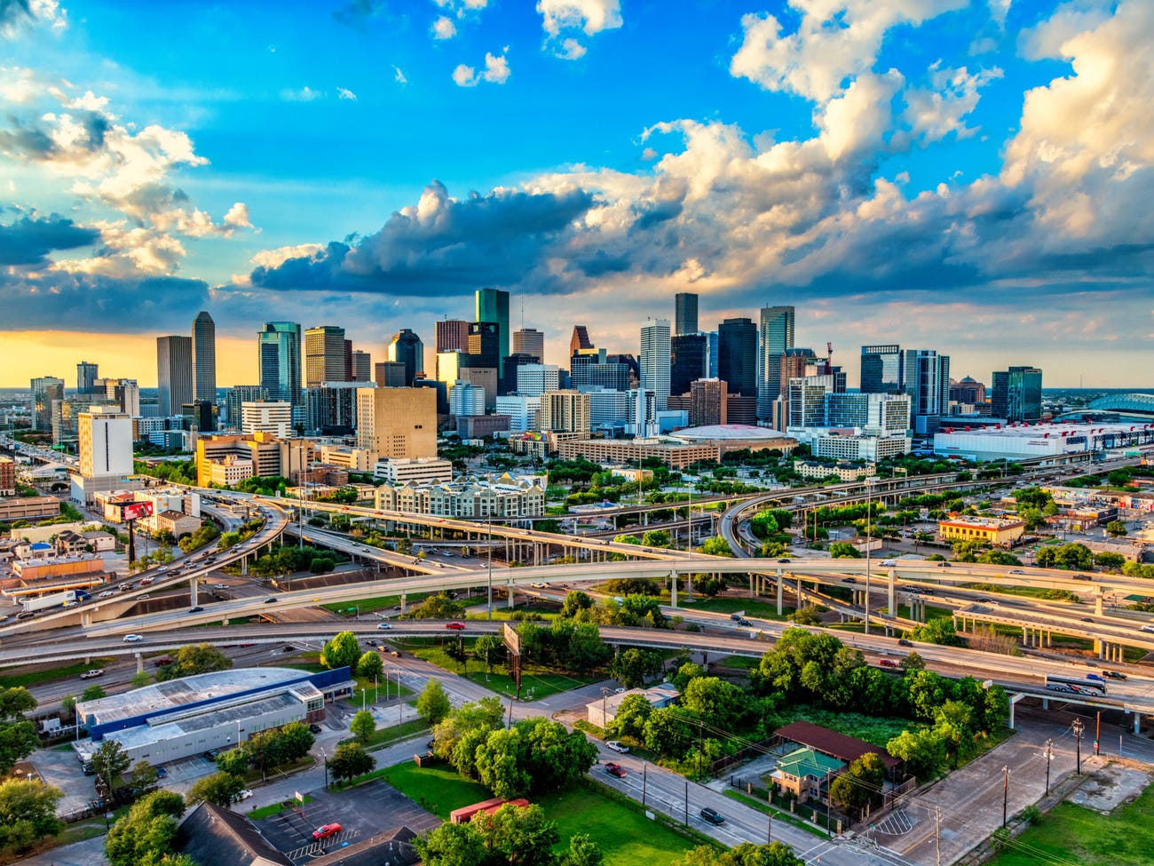 The skyline of Houston, Texas, at sunset.