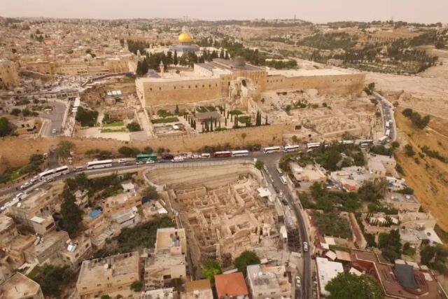 Aerial view of the excavation site in Jerusalem, at the foot of the Temple Mount