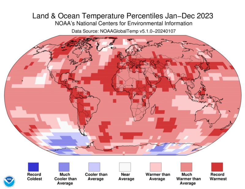 A global projection map with warm areas shown in read, and color ones in blue. There is almost no blue.