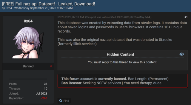 Post appearing on breach site advertising the availability of naz.api password data.