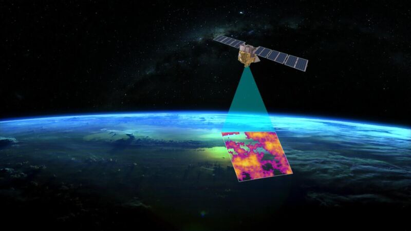 computer-generated image of a satellite highlighting emissions over a small square on the globe.