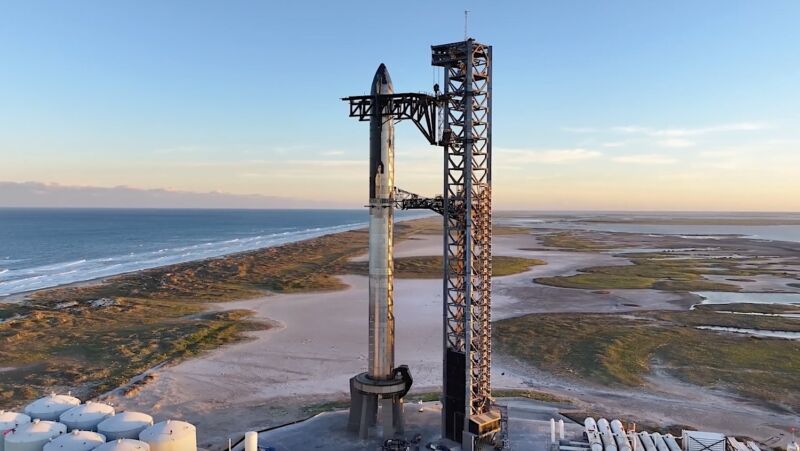 SpaceX's second Starship rocket is seen on the launch pad at its Starbase facility in South Texas.