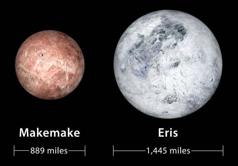 Image of two small planets, one more reddish, the second very white.