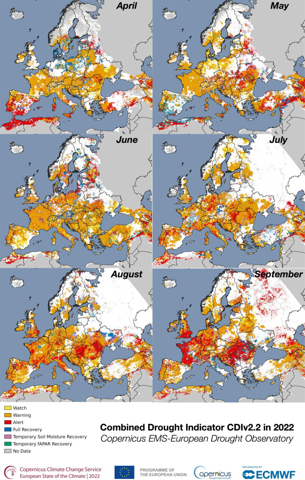 The Combined Drought Indicator—used to identify areas affected by agricultural drought, and areas with the potential to be affected—estimated for the first 10 days of each month from April to September 2022. 