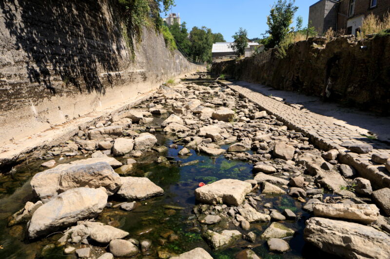 The Wamme river is seen at a low level during the European heatwave on Aug 10, 2022 in Rochefort, Belgium.