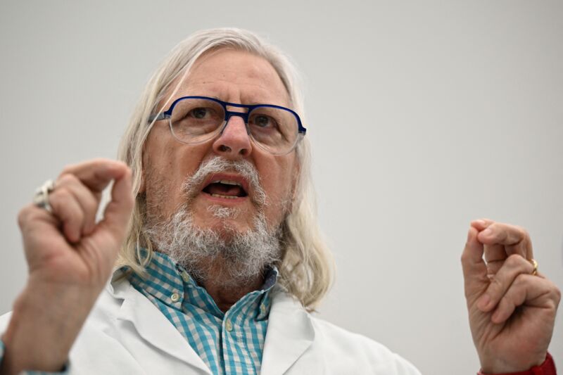 Microbiologist Didier Raoult addresses a press conference on COVID-19 at the IHU medical institute in Marseille on April 20, 2022.