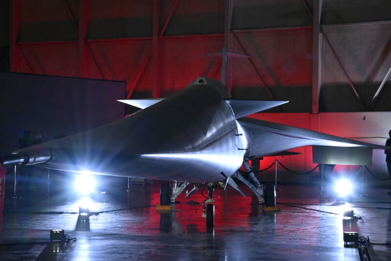 NASA's and Lockheed Martin's X-59 experimental supersonic jet is unveiled during a ceremony in Palmdale, California, on January 12, 2024.