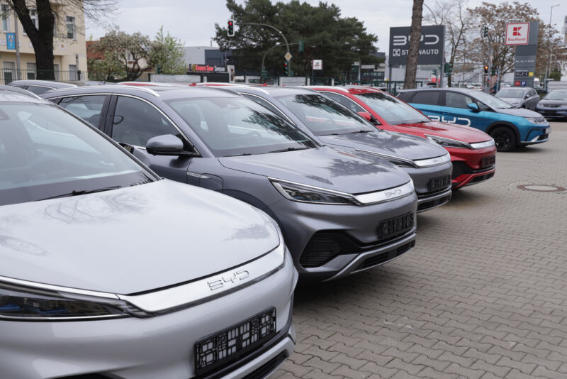 A row of BYD vehicles on a dealer lot in Berlin.