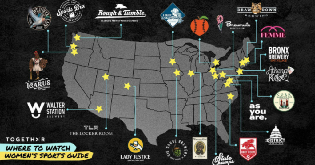 TOGETHXR's map of bars showing women's March Madness matchups across the US