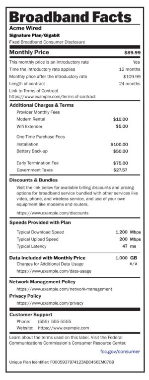 A sample consumer label for home Internet service.