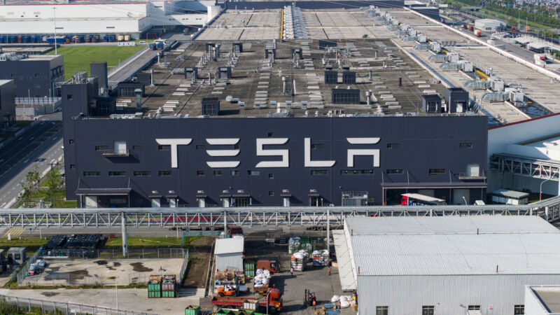 Aerial view of Tesla Shanghai Gigafactory on June 2, 2023 in Shanghai, China.