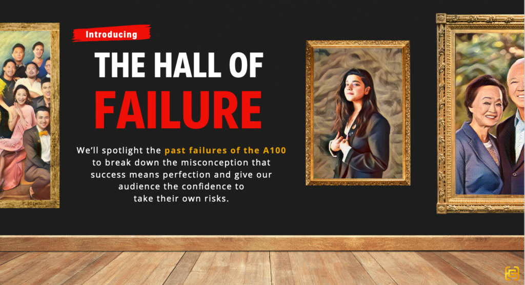 a gallery wall with text The Hall of Failure