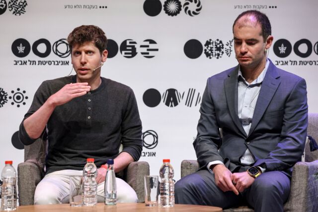 Sam Altman and Ilya Sutskever speak together at Tel Aviv University on June 5, 2023.