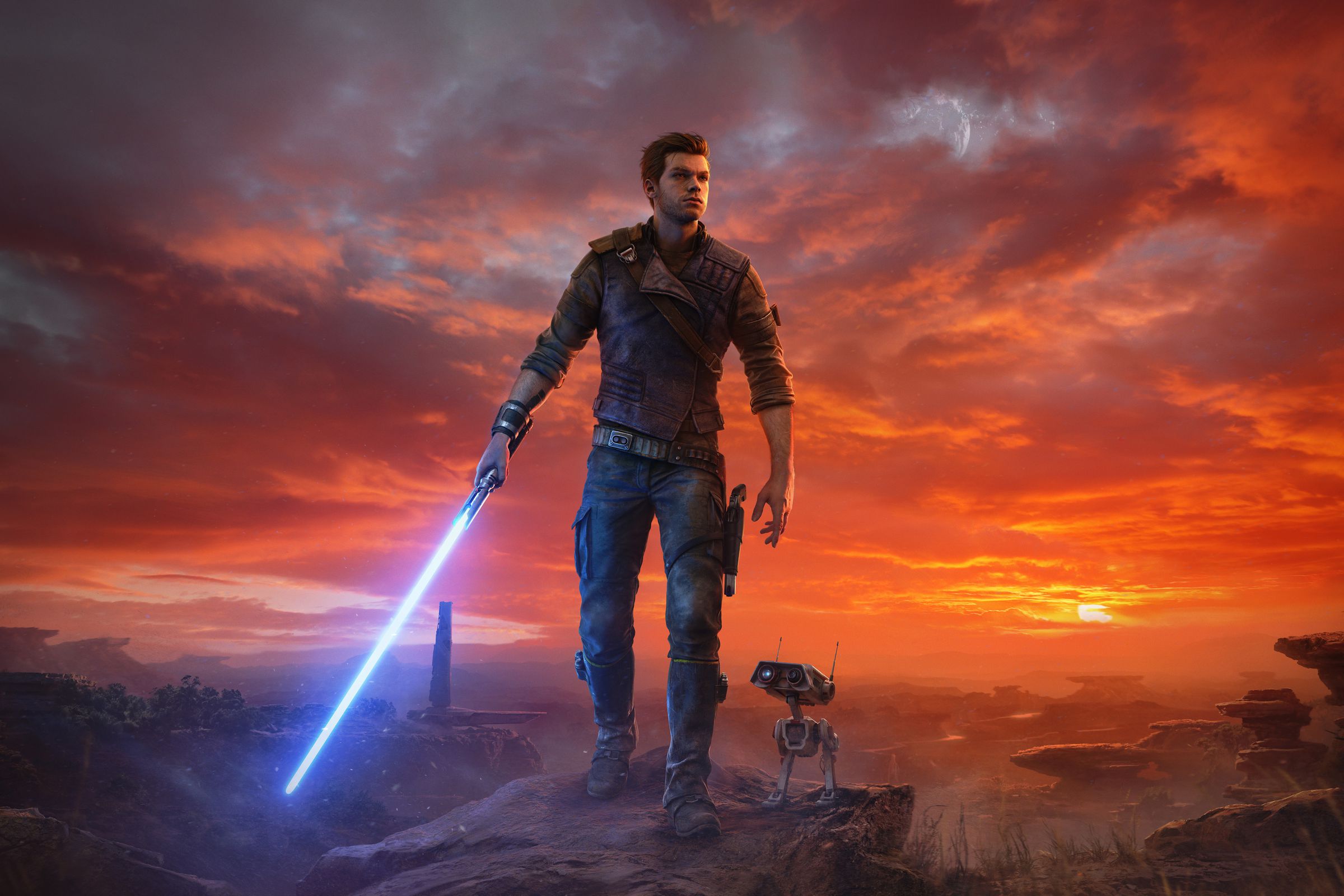 The cover art for Star Wars Jedi: Survivor, showing main character Cal Kestis and his droid, BD-1, in front of a desolate backdrop.