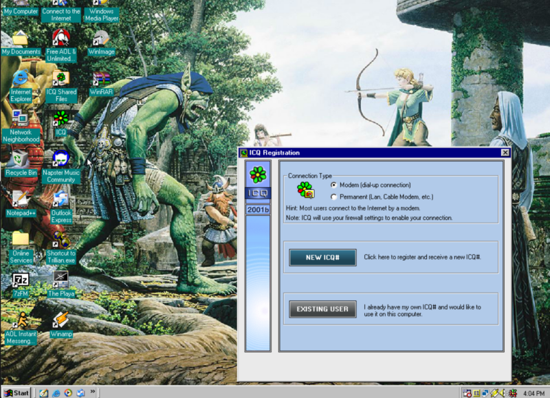 A 2000-era Windows 98 desktop with ICQ running