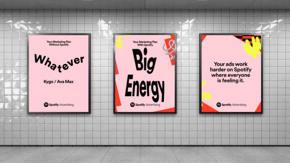 three posters advertising spotify on a subway wall