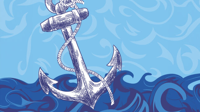 A large anchor on a wavy light blue background with ocean waves beneath it.